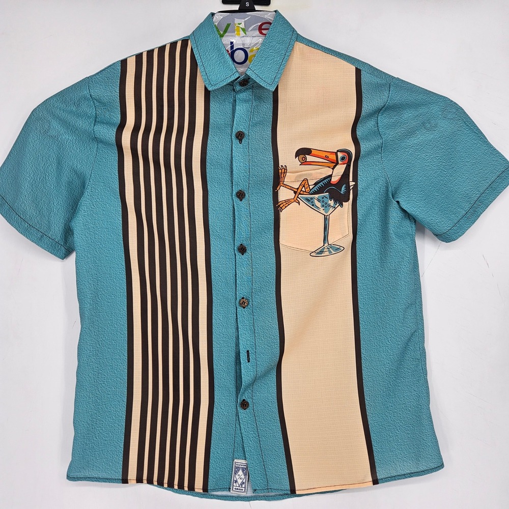 Eleven Oasis Shirt Mens Medium‎ Button Up Short Sleeve Tucan Blue Striped